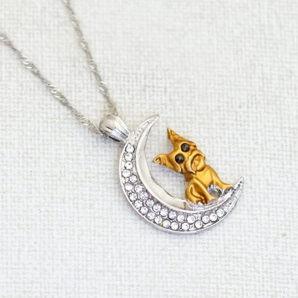 20 inch, Vintage Crescent Moon Cat Rhinestones Silver Tone Necklace - P1 - Picture 1 of 3